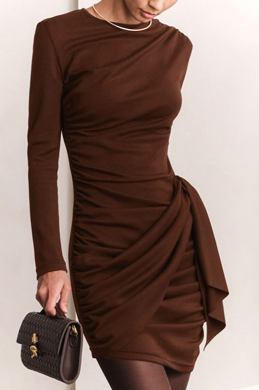High Neck Long Sleeve Ruched Draped Bodycon Mini Dress - View 7