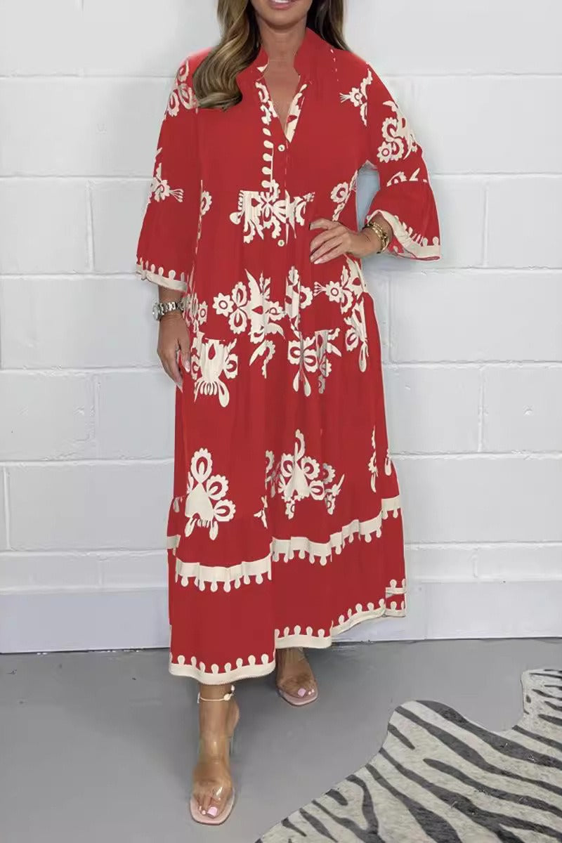 Floral Print Band Collar Puff Sleeve Tiered Maxi Dress