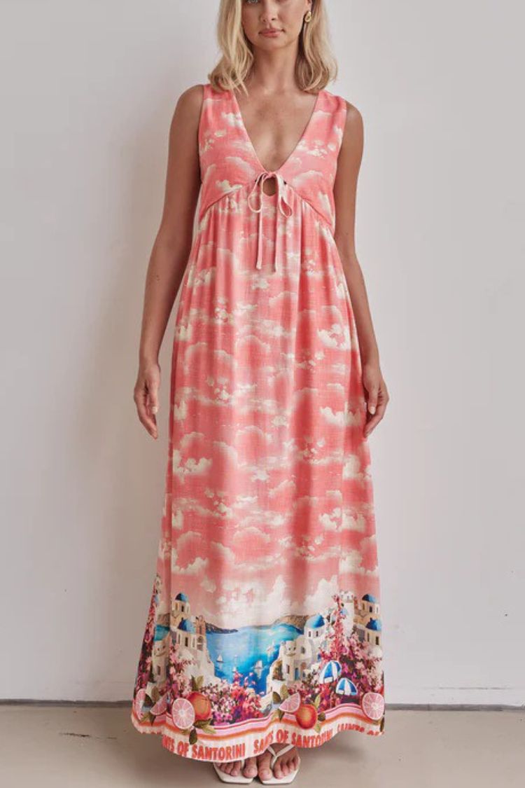 Resort Style Unique Printed Sleeveless V-neck Casual Maxi Dress - Fashionpara
