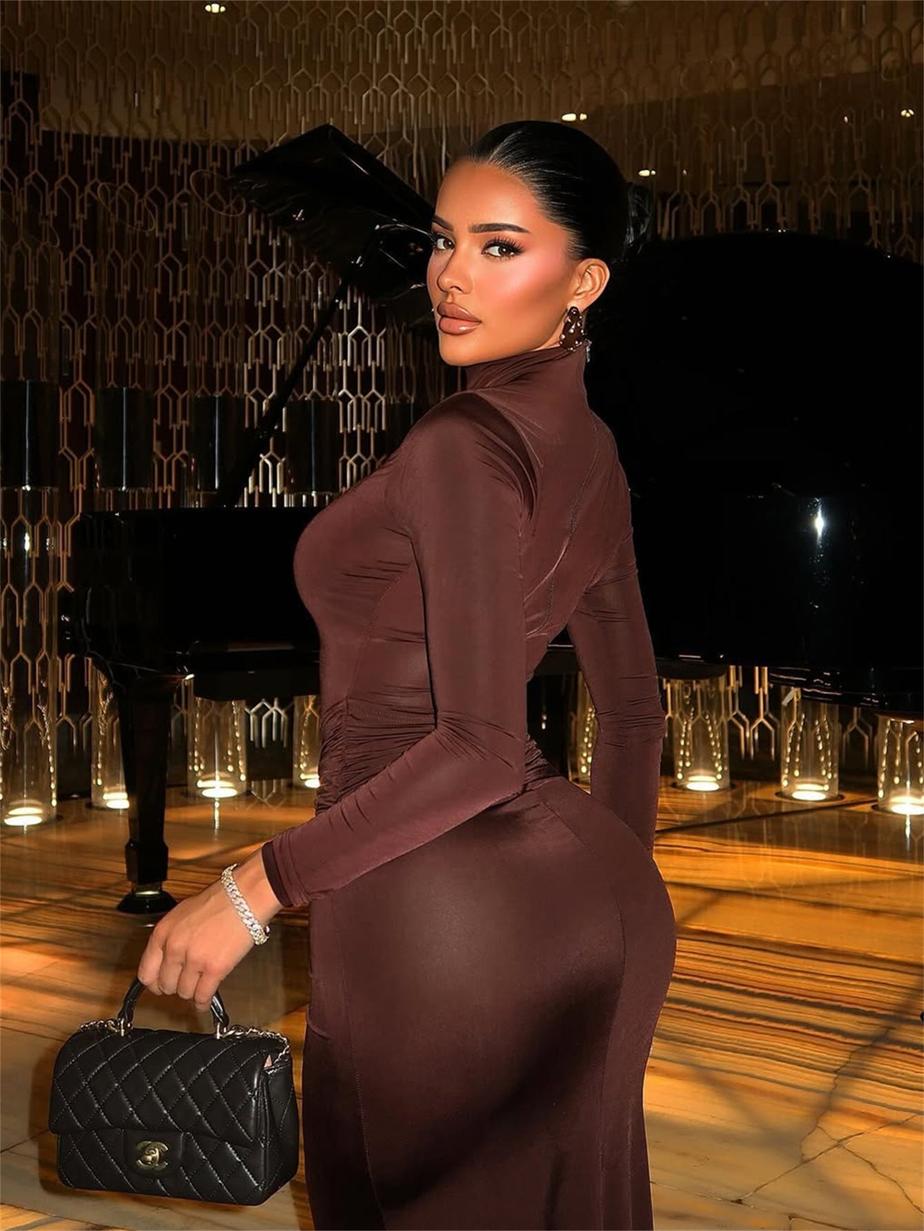 Metallic Accent Solid Bodycon Party Dress