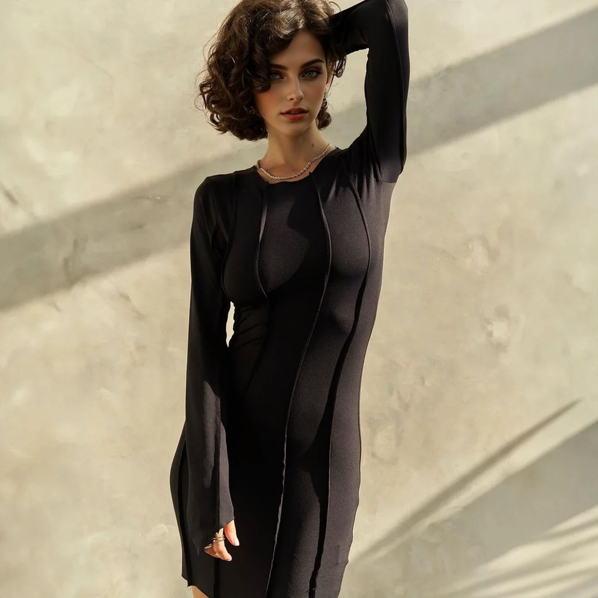 Seam-Detail Round Neck Long Sleeve Bodycon Mini Dress 3