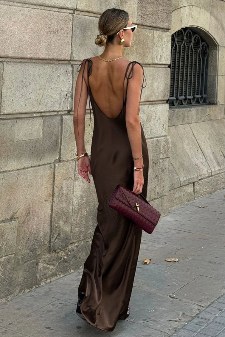 Clacive Fashion Loose Brown Satin Maxi Dress