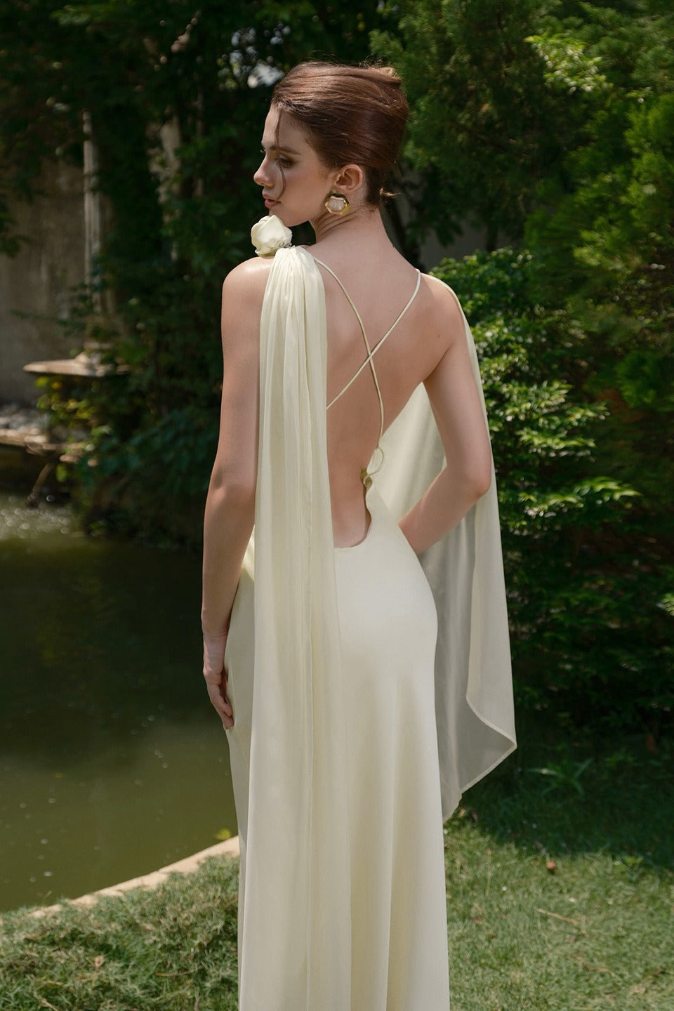 Satin Cowl Neck Spaghetti Strap Rosette Maxi Dress