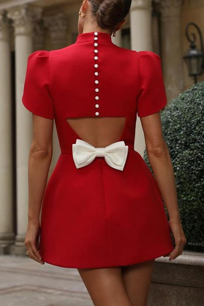 Mock Neck Puff Sleeve Back Cut Out Bow Detail A-Line Mini Dress