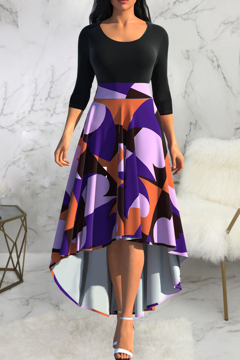 Casual Print Patchwork O Neck Straight Dresses  Fashionpara