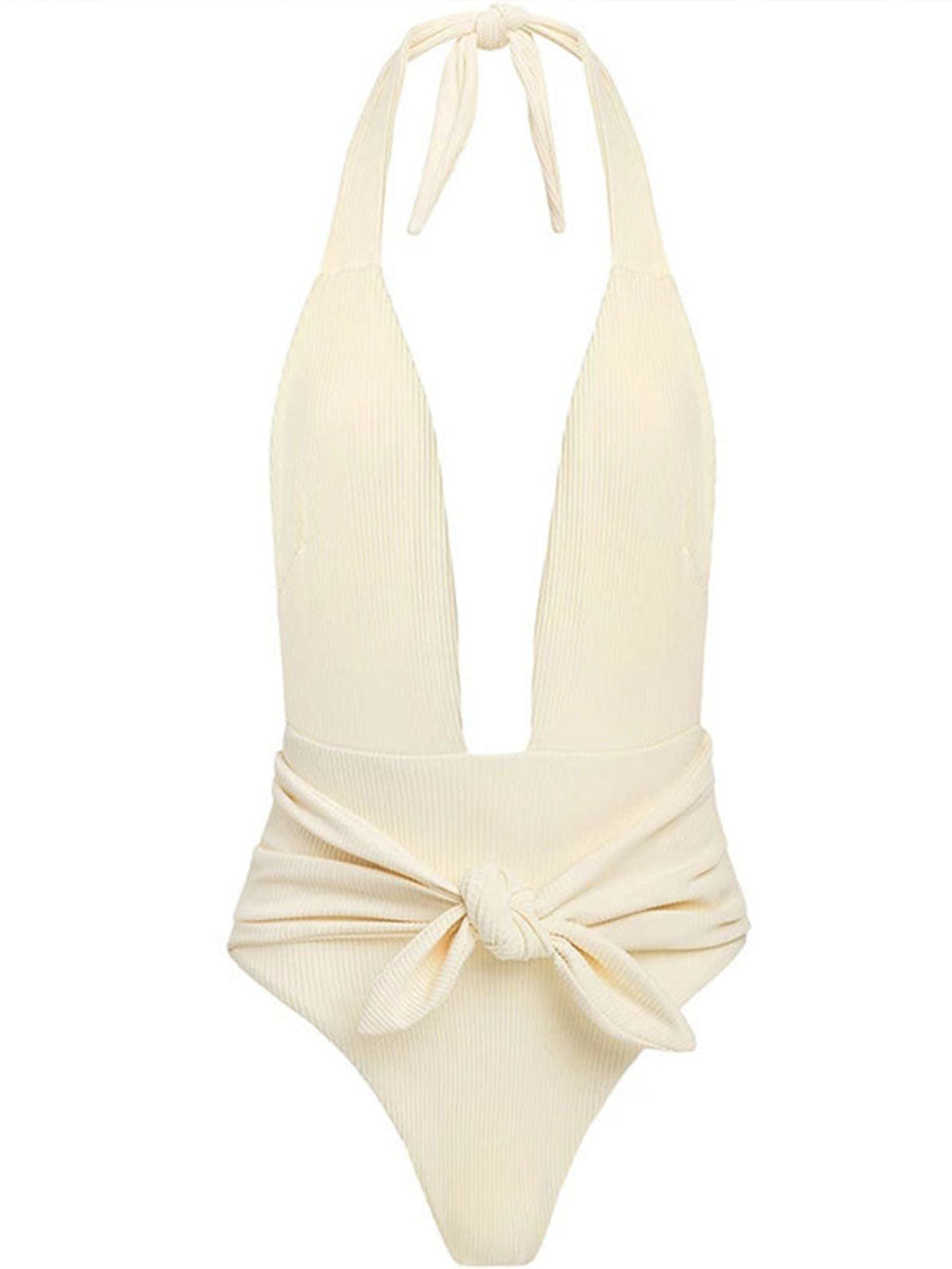 Ribbed Open Back Knotted Hight Cut Plunging Halter One Piece Swimsuit - Fashionpara