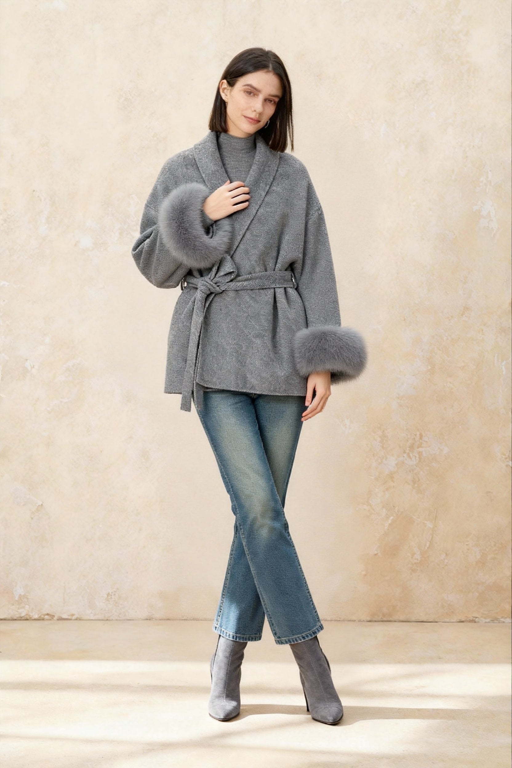 Cashmere Coat With Fur Cuffs Fox Fur Overcoat - Fashionpara