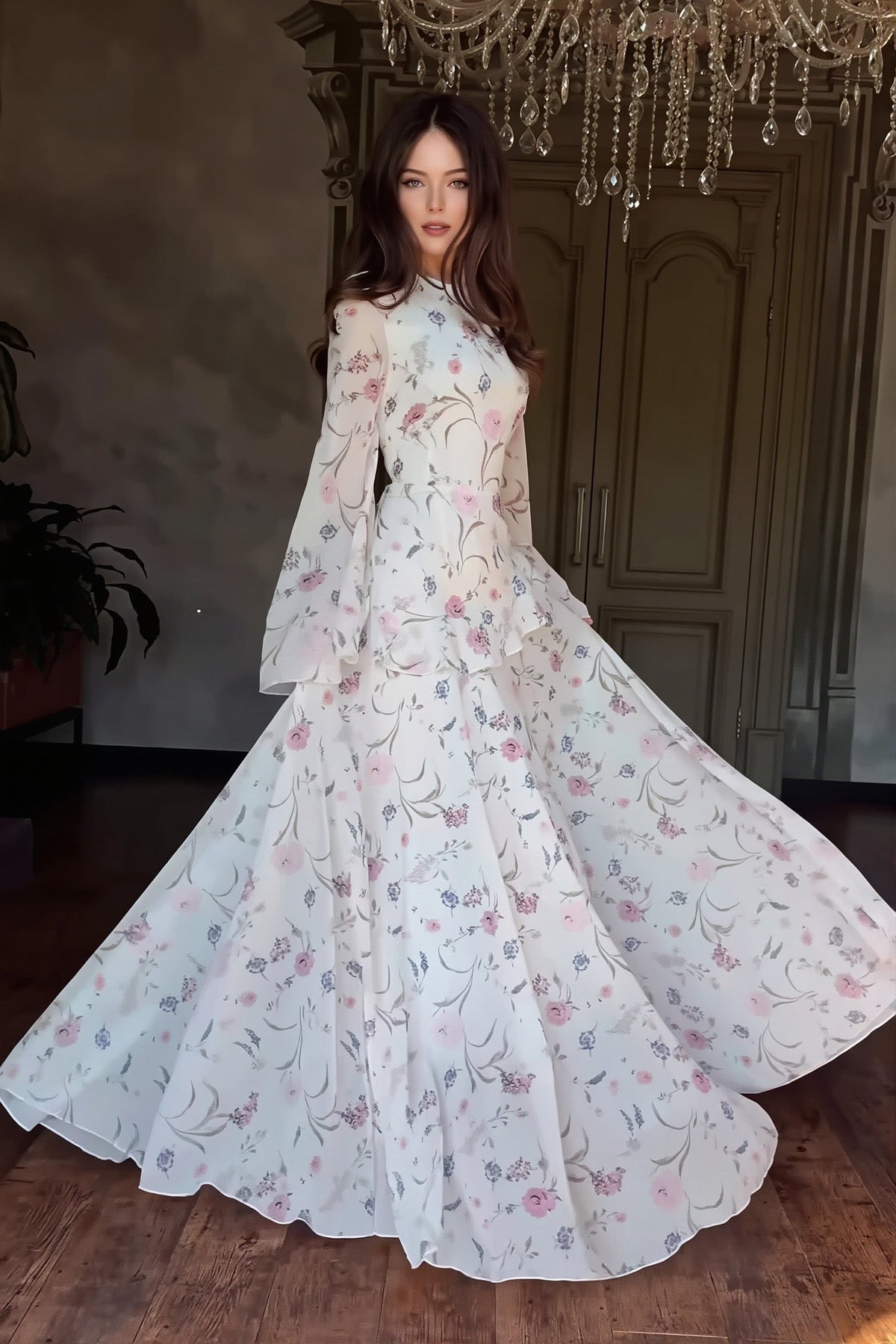 Floral High Neck Long Sleeve Tiered Maxi Gown