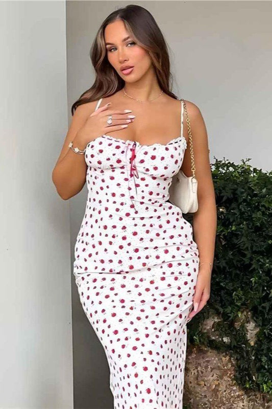 Rose Floral Cowl-Neck Ruched Bodycon Midi Dress