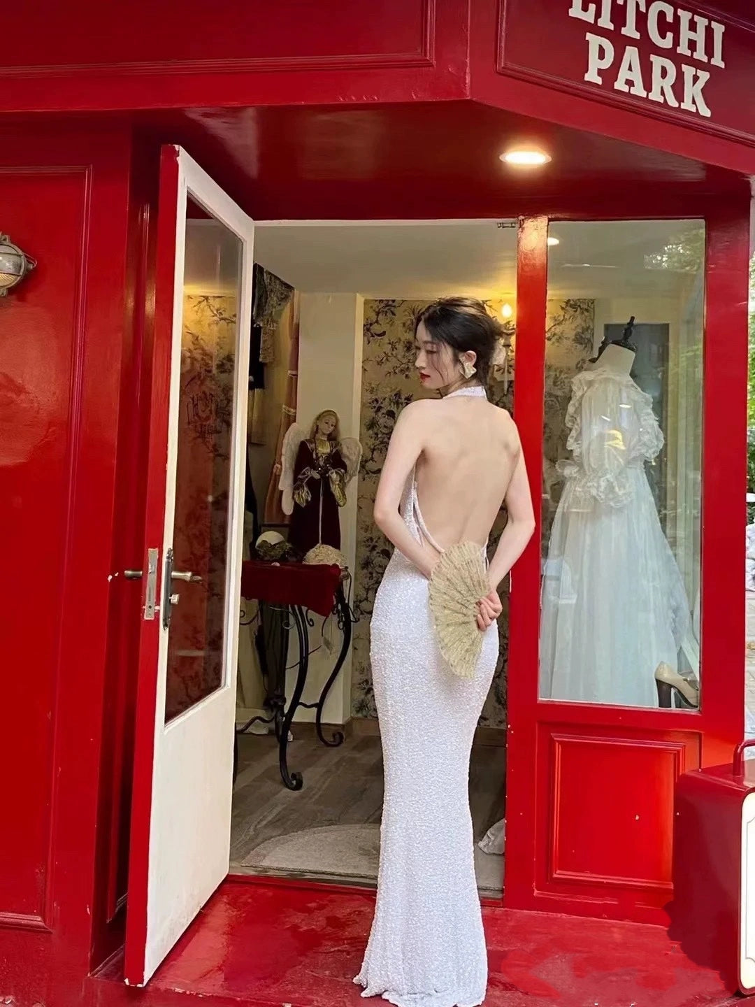 Halter Neck White Sequin Long Prom Dress Elegant Evening Dress - Fashionpara