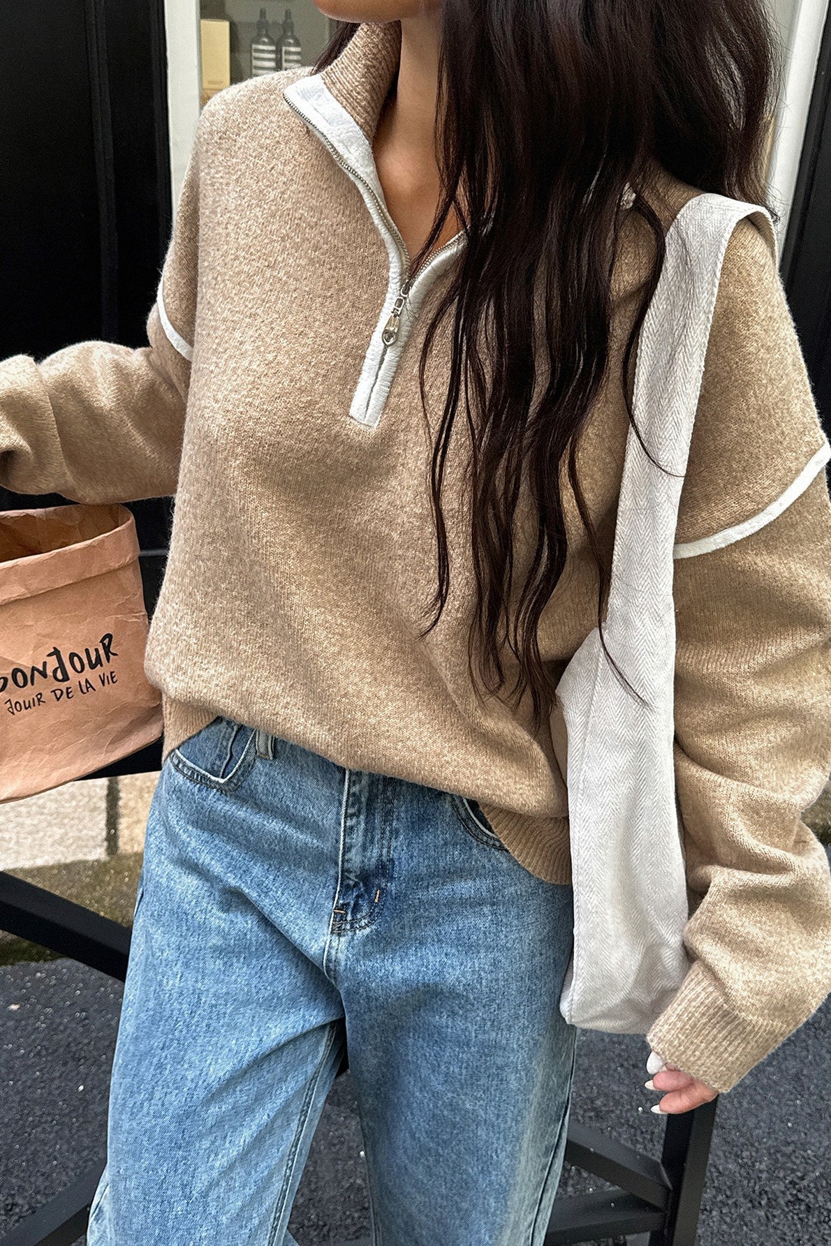 Casual Zip Front Long Sleeve Sweater