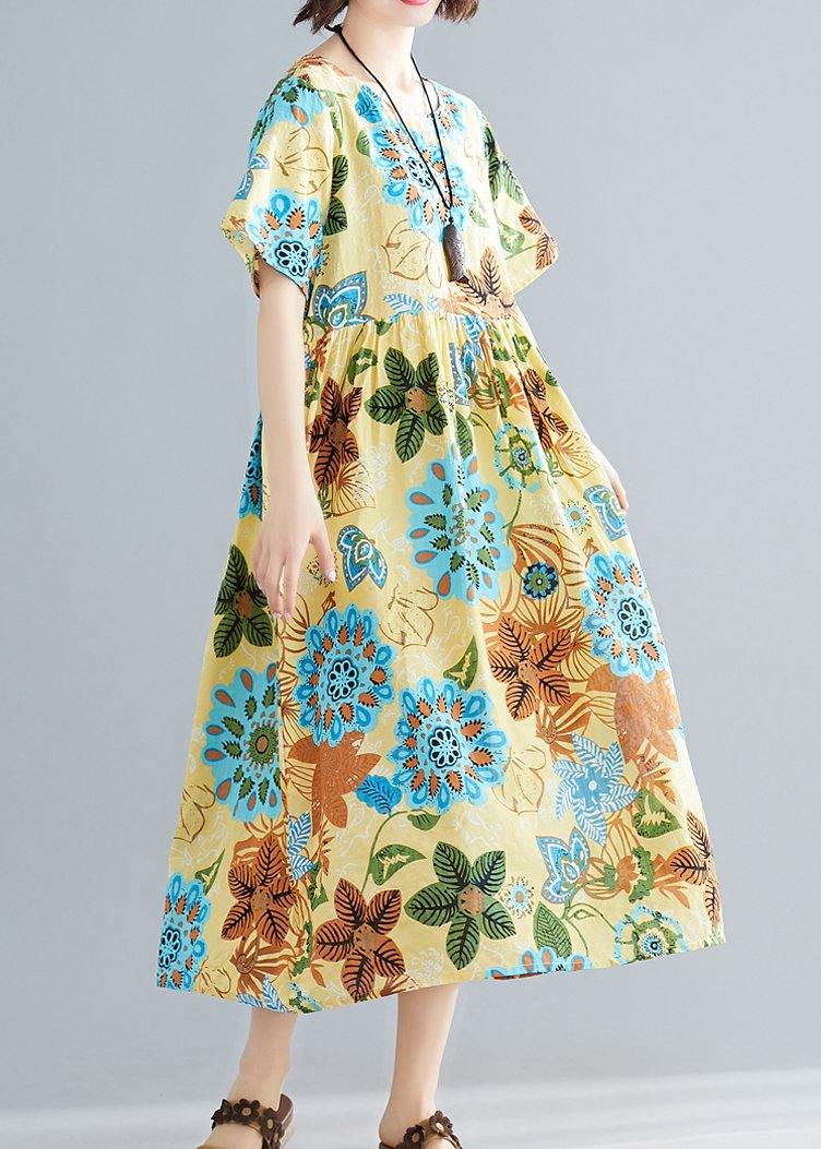 Floral Print Round Neck Short Sleeve Babydoll Gathered Midi Dress - View 3