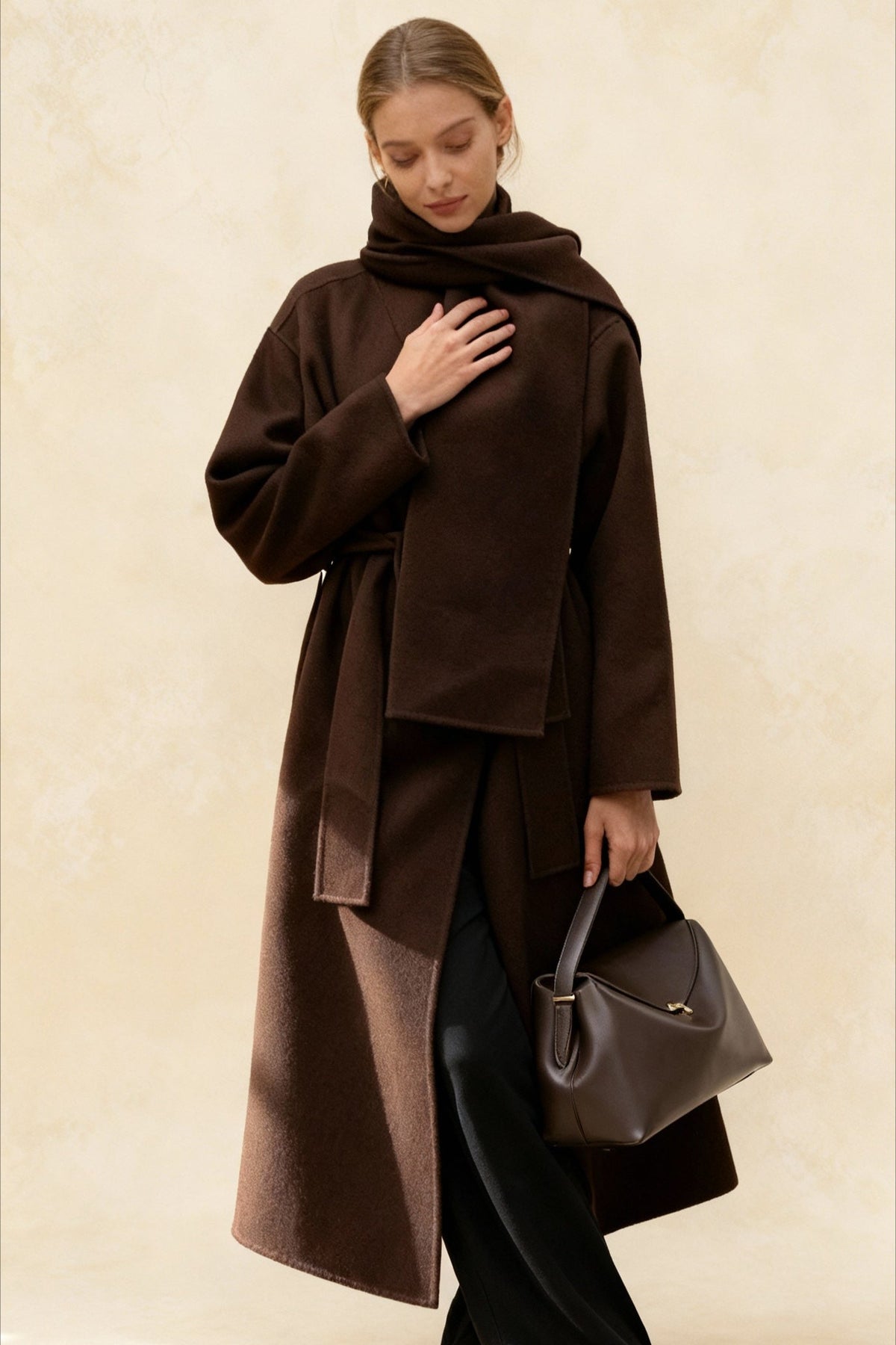 Scarf Collar Woolen Belted Overcoat