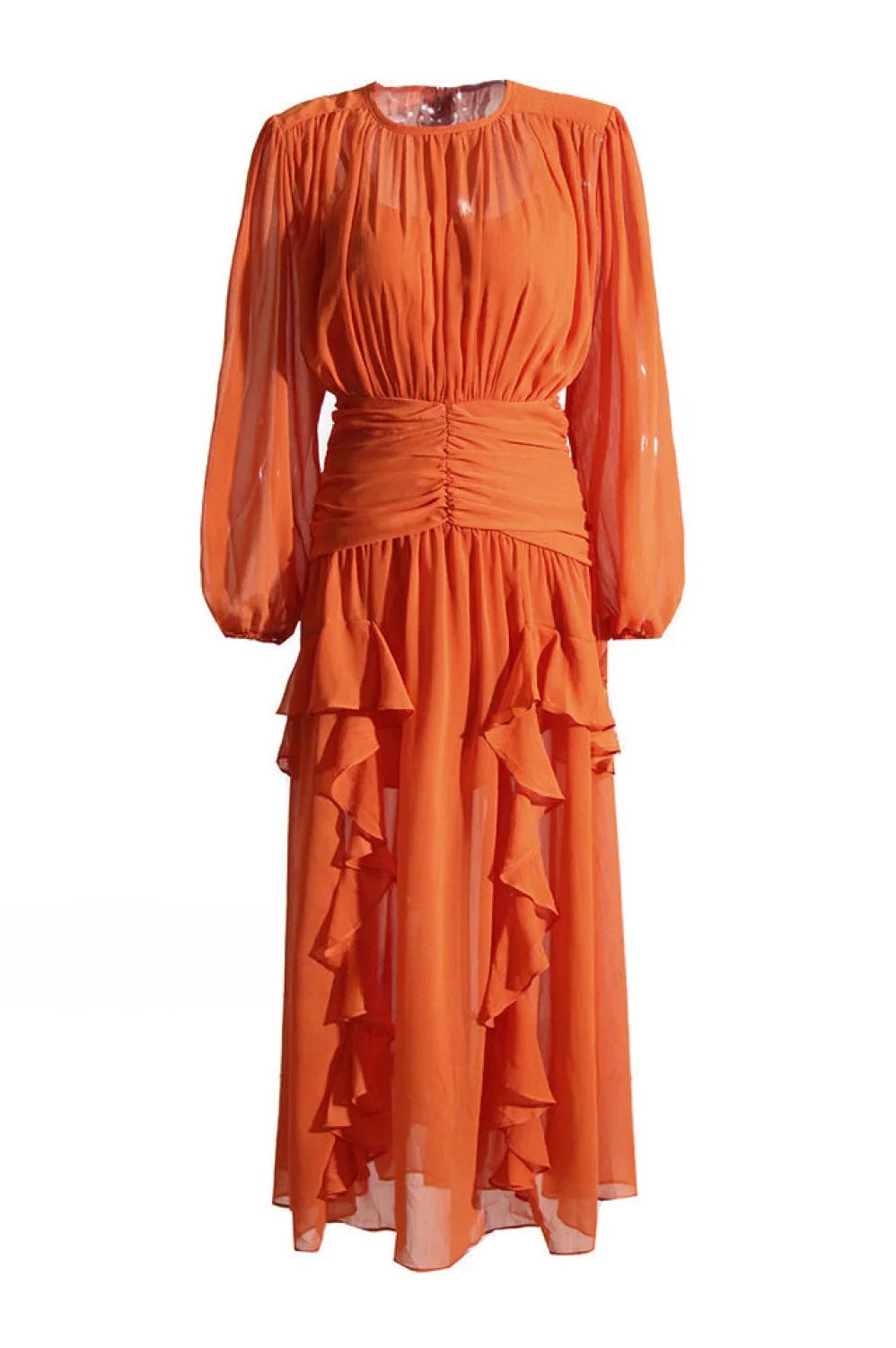 Chiffon Crew-Neck Long Sleeve Ruffle Maxi Dress