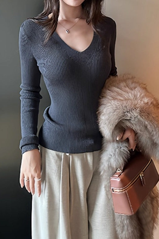 Elegant V-Neck Slim Fit Knit Top