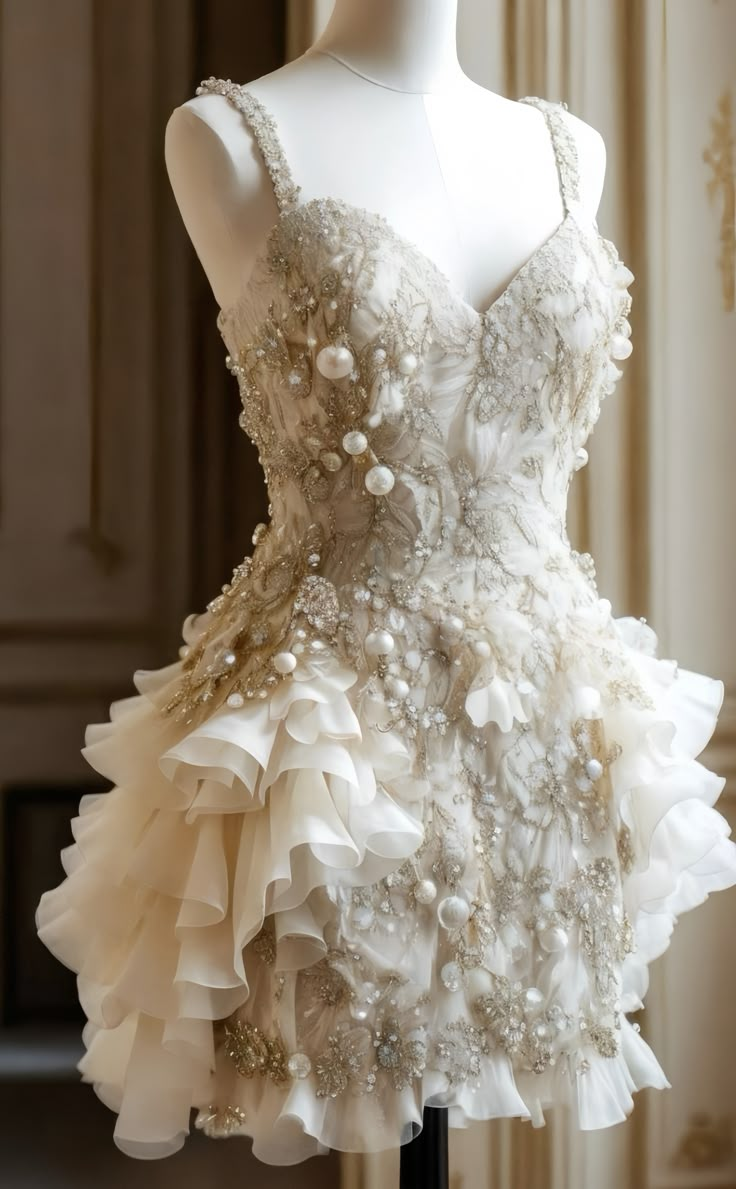 Luxury Pearl Ruffle Short Wedding Dress, Vintage Mini Prom Dress