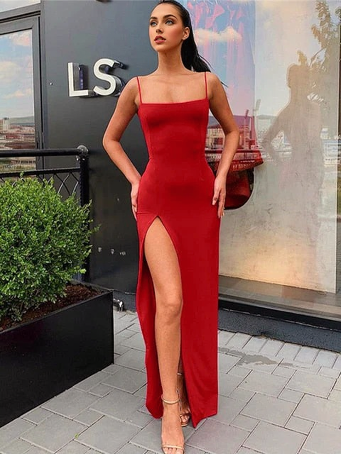 Satin Spaghetti Strap Backless High Slit Maxi Dress 5