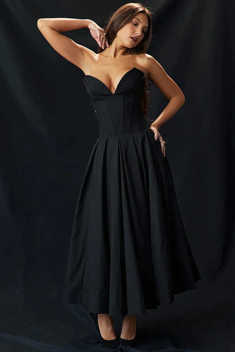 Satin Strapless Corset Pleated Pocket A-Line Midi Dress - View 5