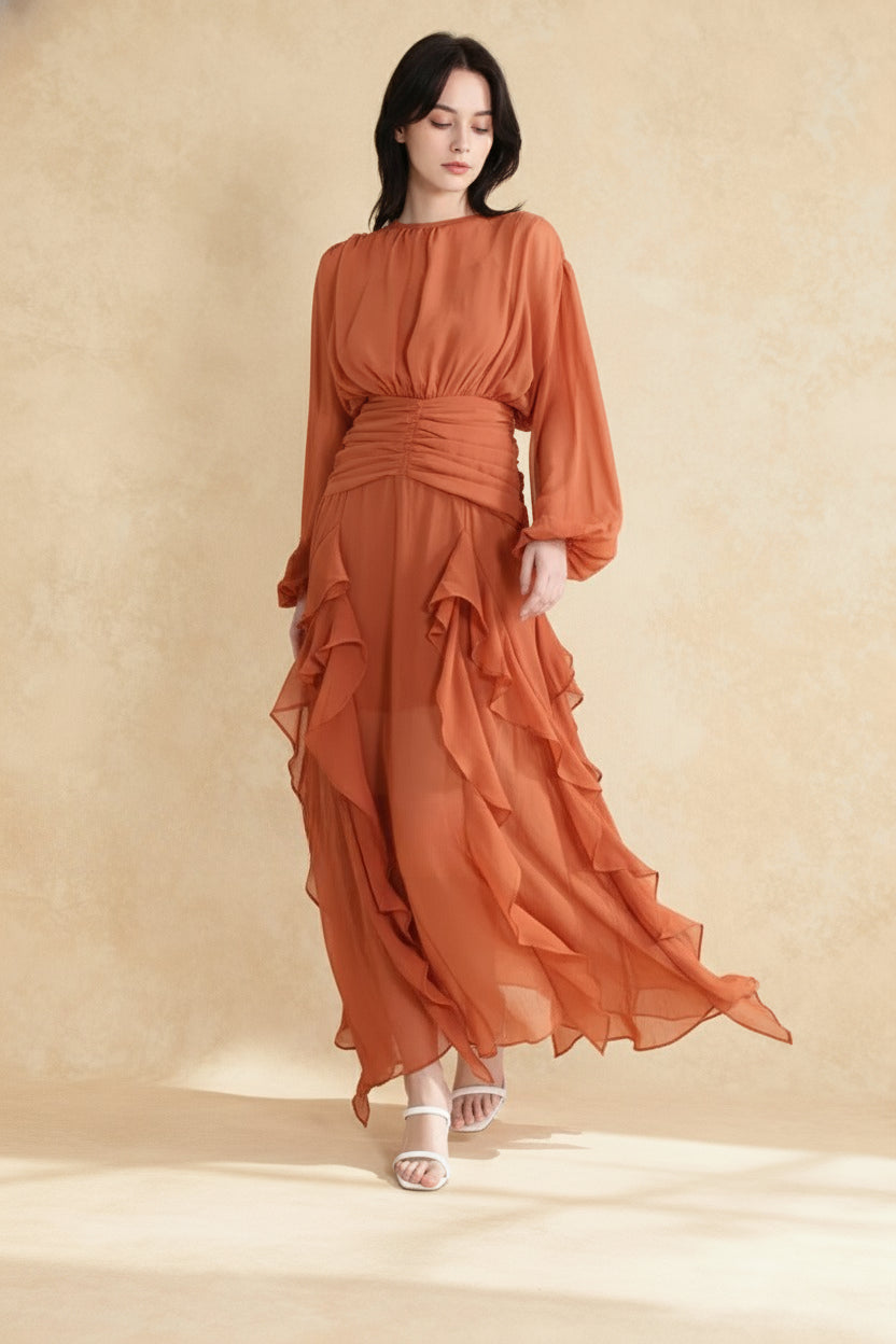 Chiffon Crew-Neck Long Sleeve Ruffle Maxi Dress
