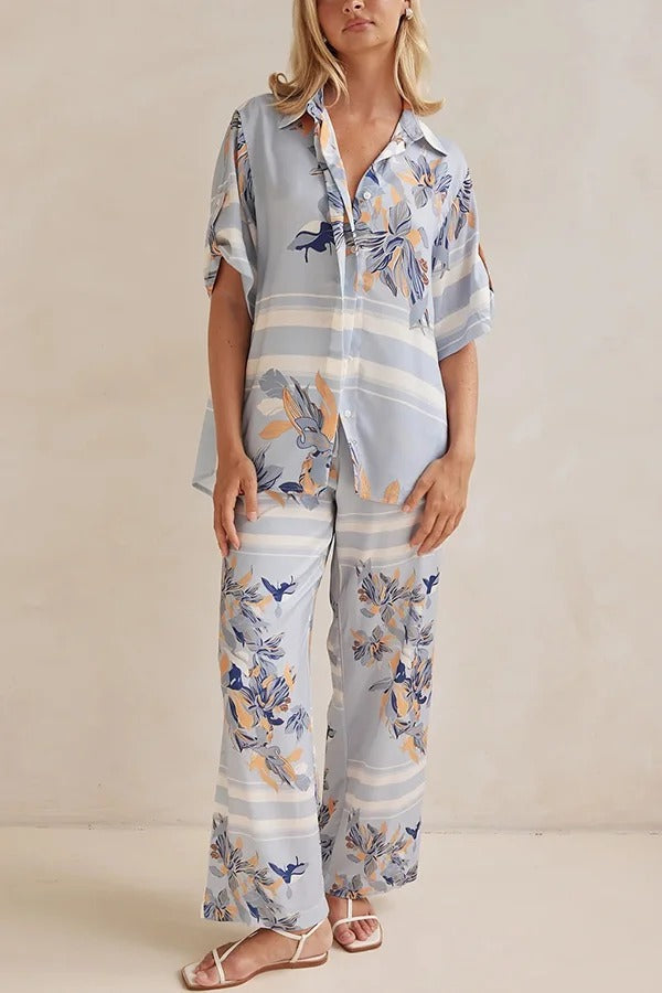 Fashionable Plant Print Loose Lapel Short Sleeve Shirt and Casual Elastic Waist Pocket Pants Set - Fashionpara