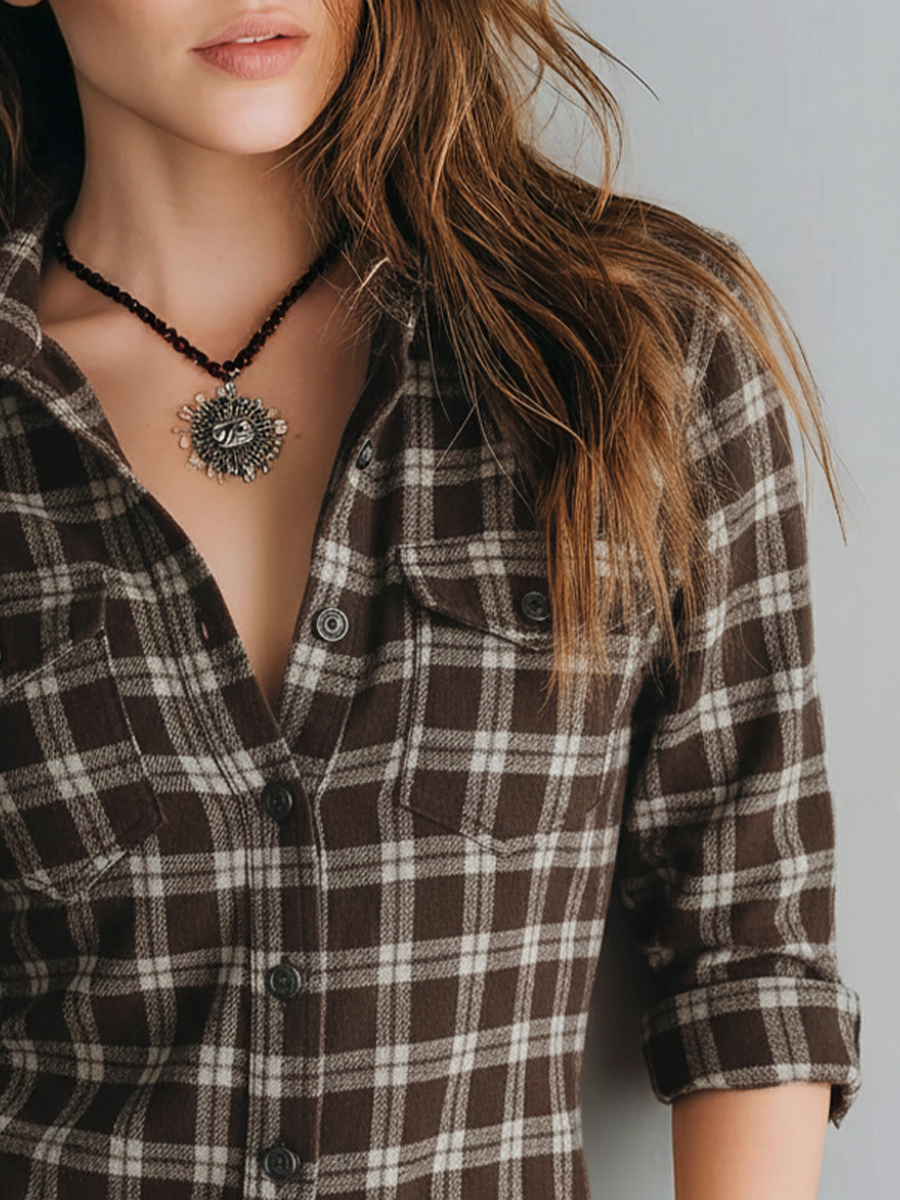 Retro Plaid Long-sleeved Blouse - Fashionpara