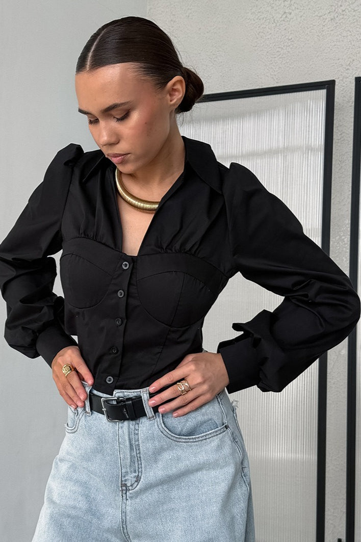 Fitted Cotton Blend Long Sleeve Blouse - Fashionpara