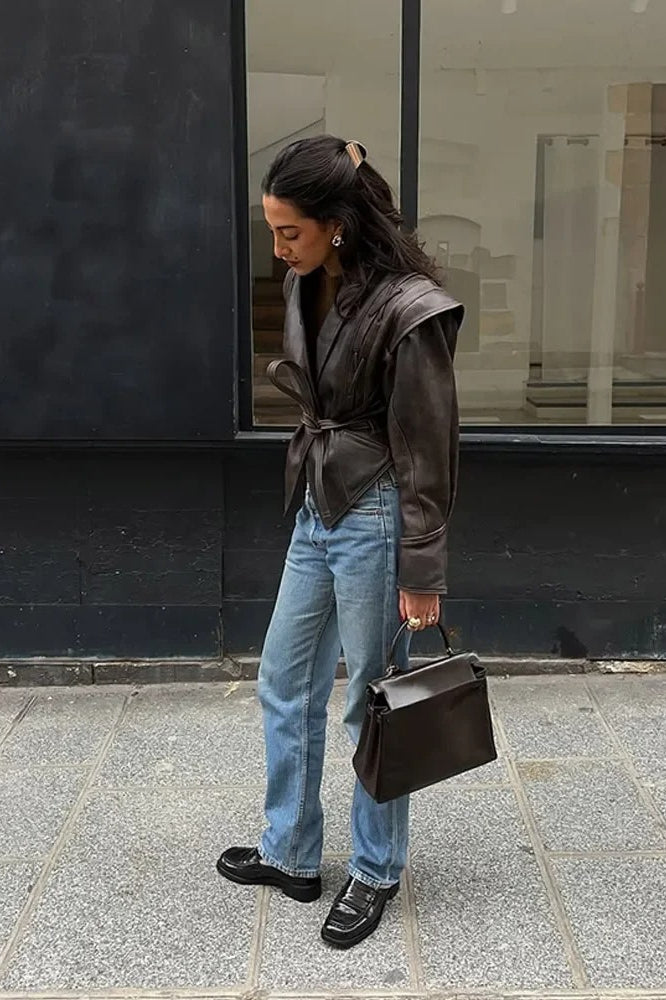Vintage V-neck Belted Faux Leather Jacket