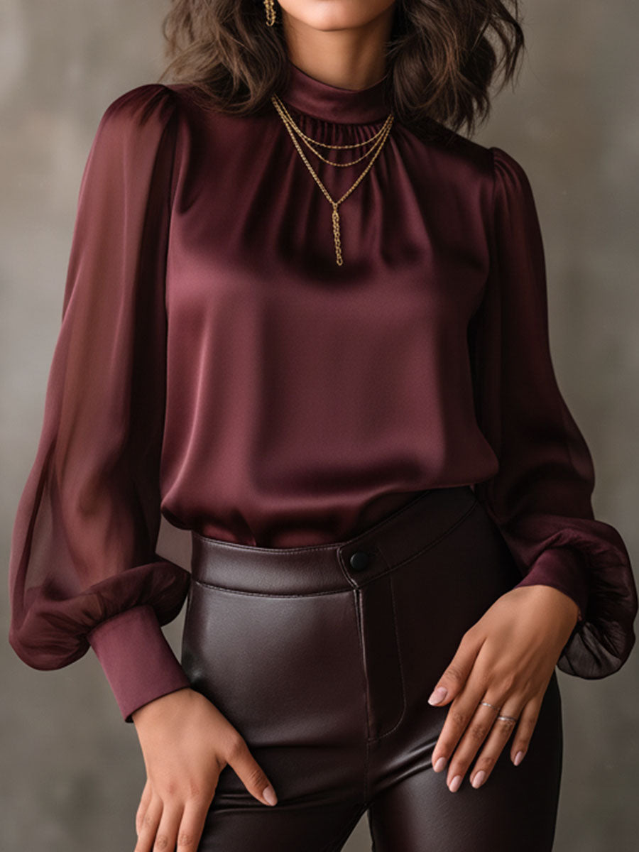 Elegant High Neck Burgundy Sheer Chiffon Sleeves Satin Blouse - Fashionpara