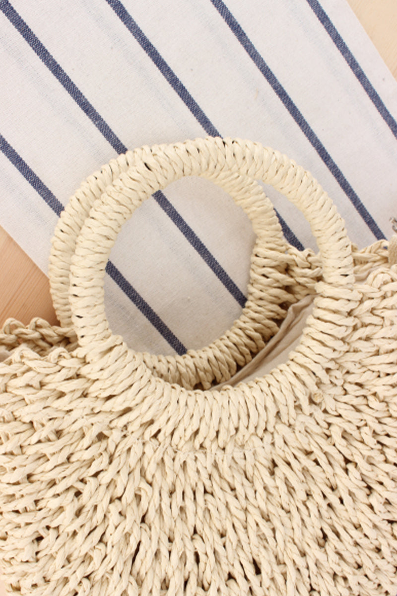 Semicircle Top-Handle Woven Straw Beach Handbag - Fashionpara