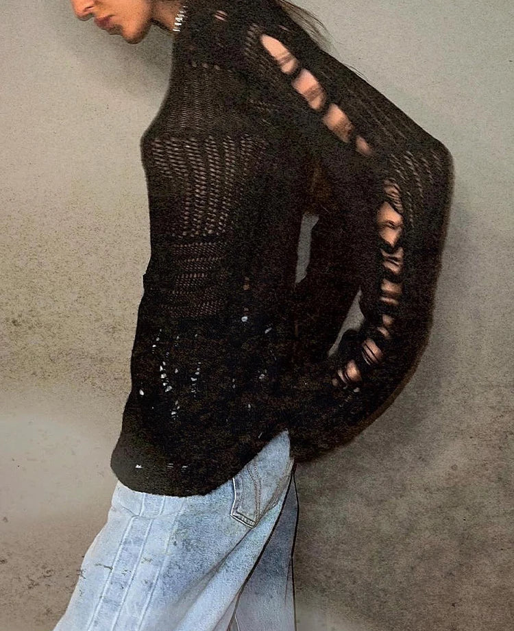 Chic Hollow Out Long Sleeve Knitted Pullover Sweater