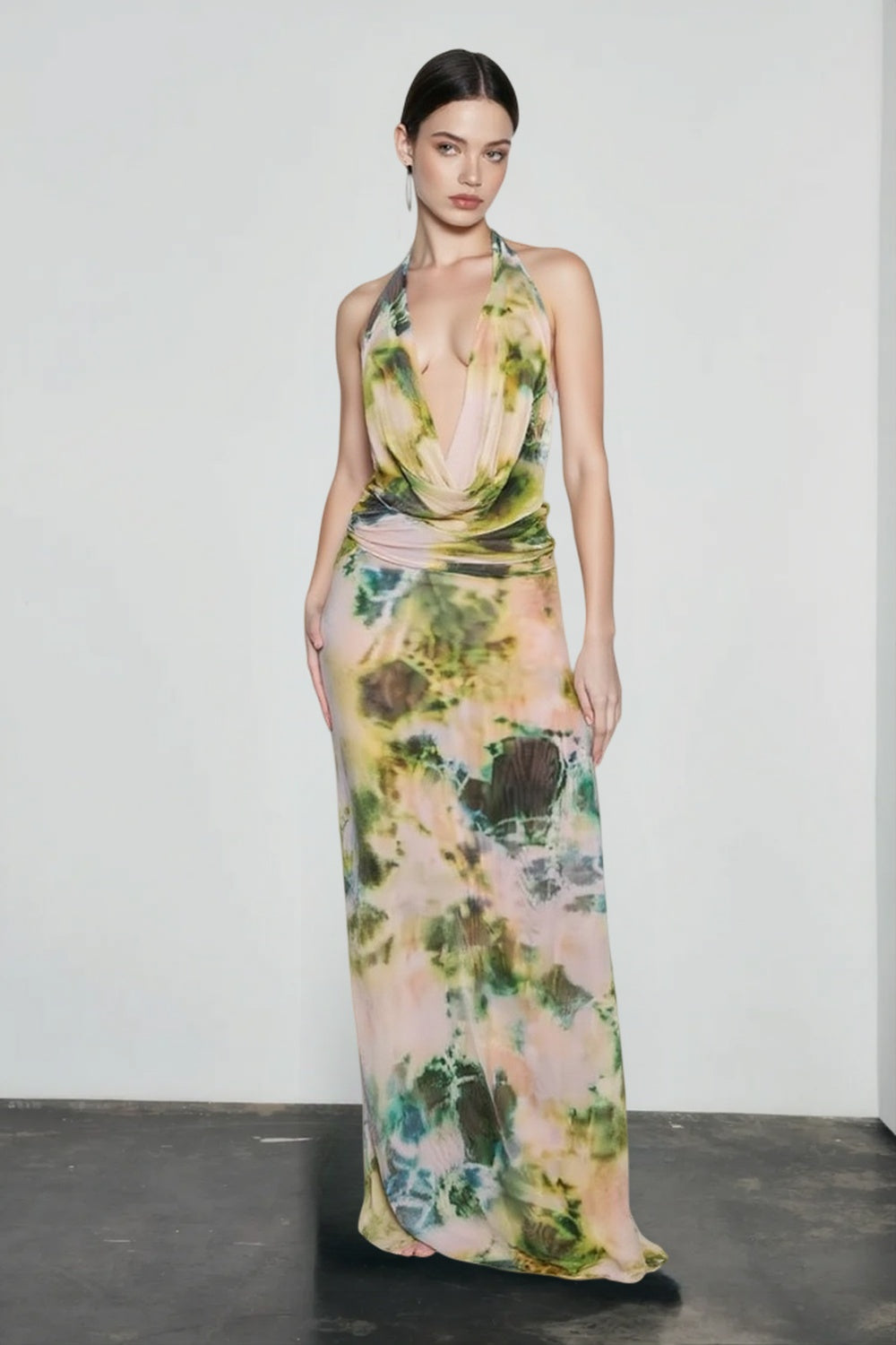 Ombre Print Halter Deep V-Neck Cowl Maxi Gown 5