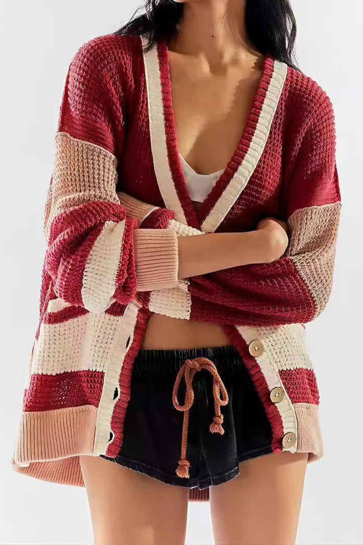 Striped Colorblock Deep V-Neck Cardigan for Effortless Style