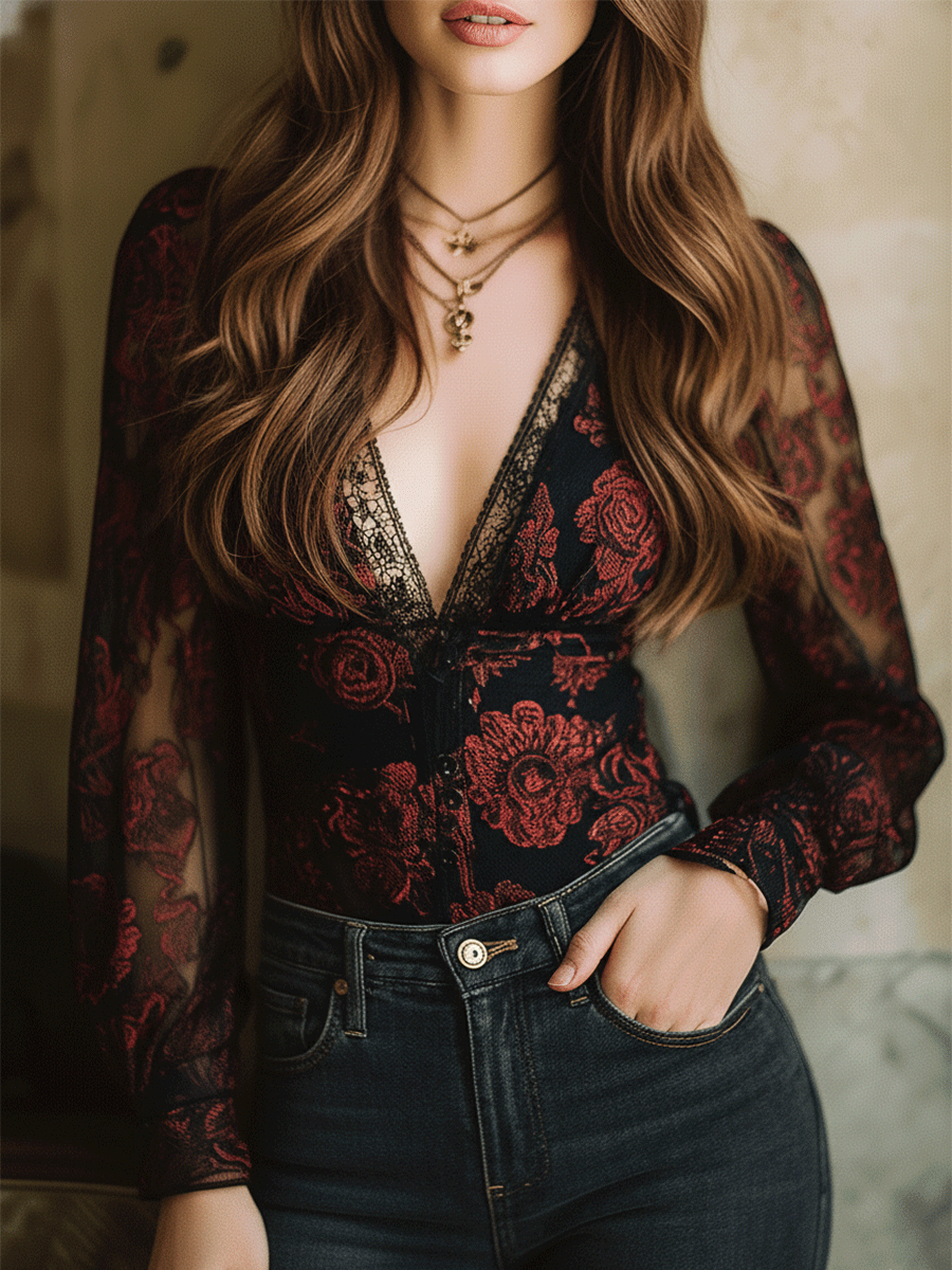 Vintage Rose Floral Lace Sheer Long-Sleeve Blouse