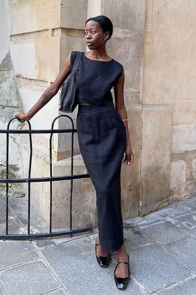 Linen Blend Vest Midi Skirt Set
