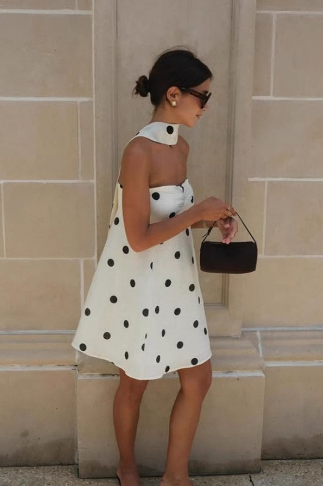 Polka Dot Strapless Scarf-Neck A-Line Mini Dress