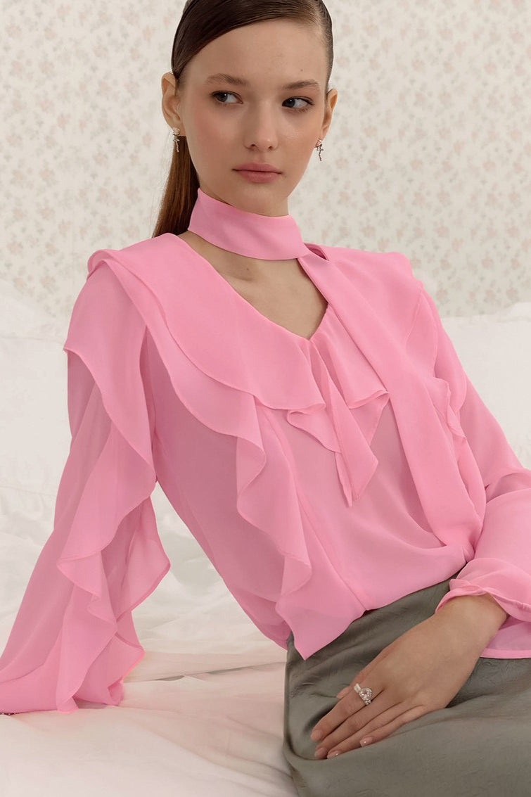Ruffle Front Scarf Tie Blouse