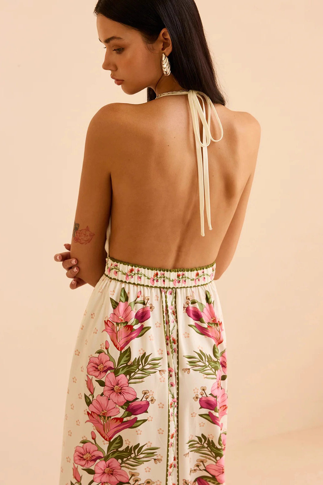 Floral Print Plunge Halter Backless Boho Dress