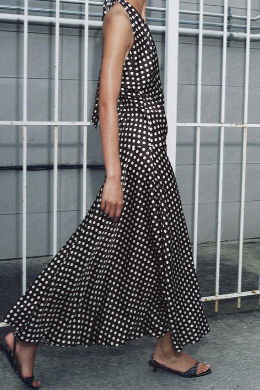 Polka Dot Halter Neck Plunge Backless Maxi Dress