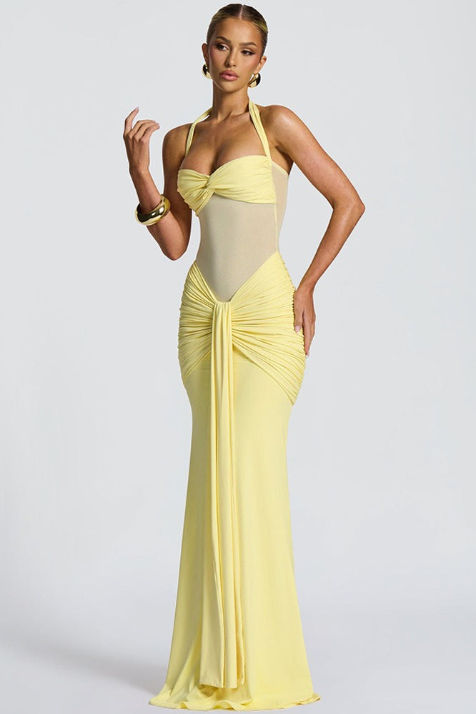 Halter Sweetheart Mesh-Cutout Ruched Mermaid Gown