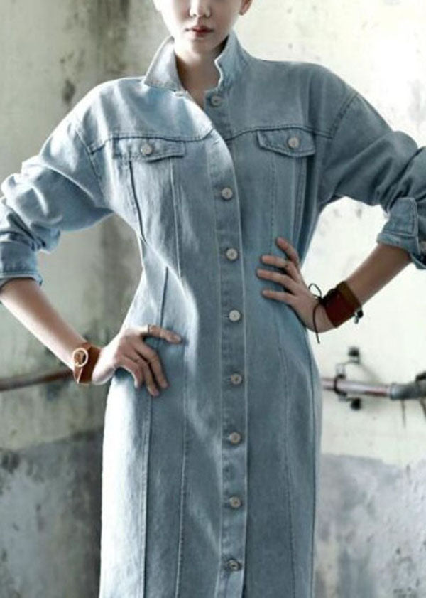 Denim Mandarin Collar Button Down Chest Pocket Midi Dress - View 5