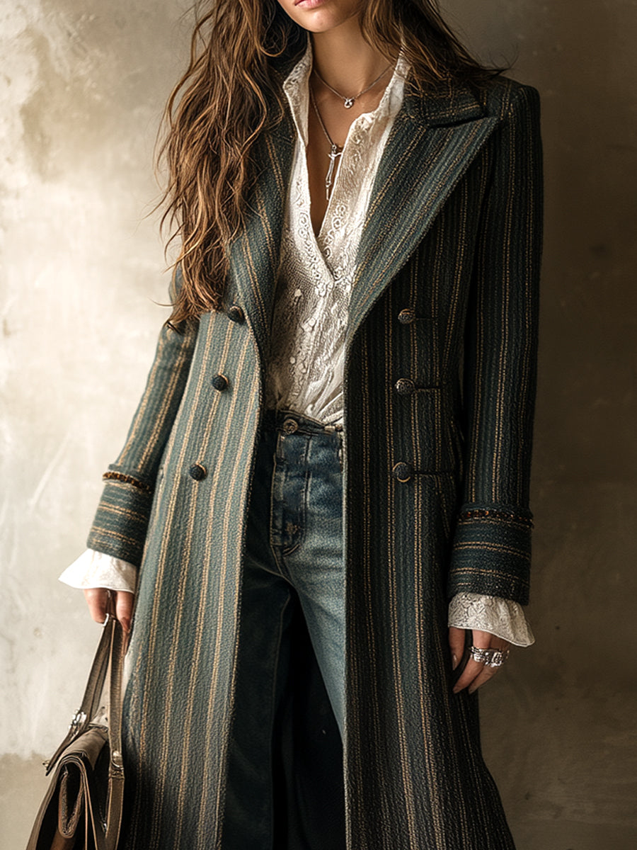 Vintage Striped Wool Double-breasted Mid-length Coat