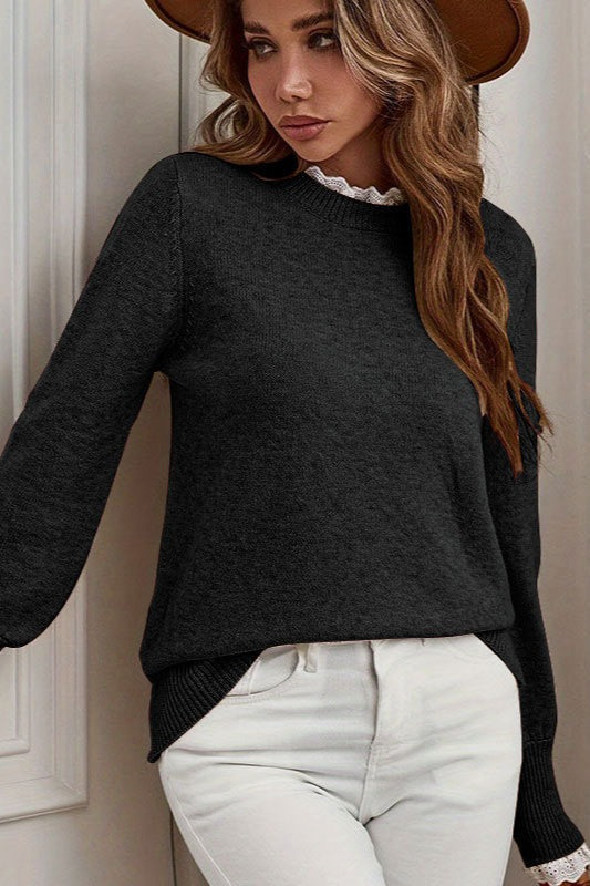 Lace Trim Crew Neck Sweater