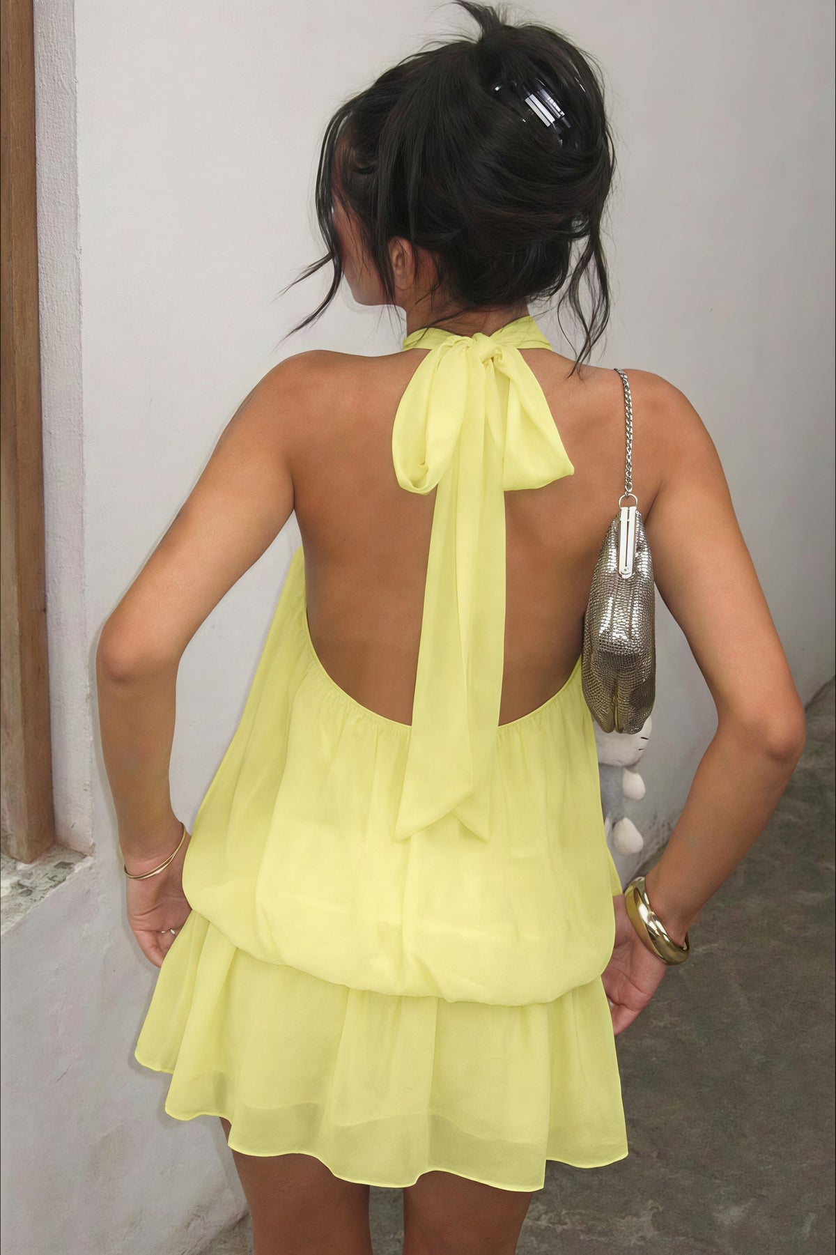 Chiffon Halter Neck Bubble Hem Tiered Mini Dress 2