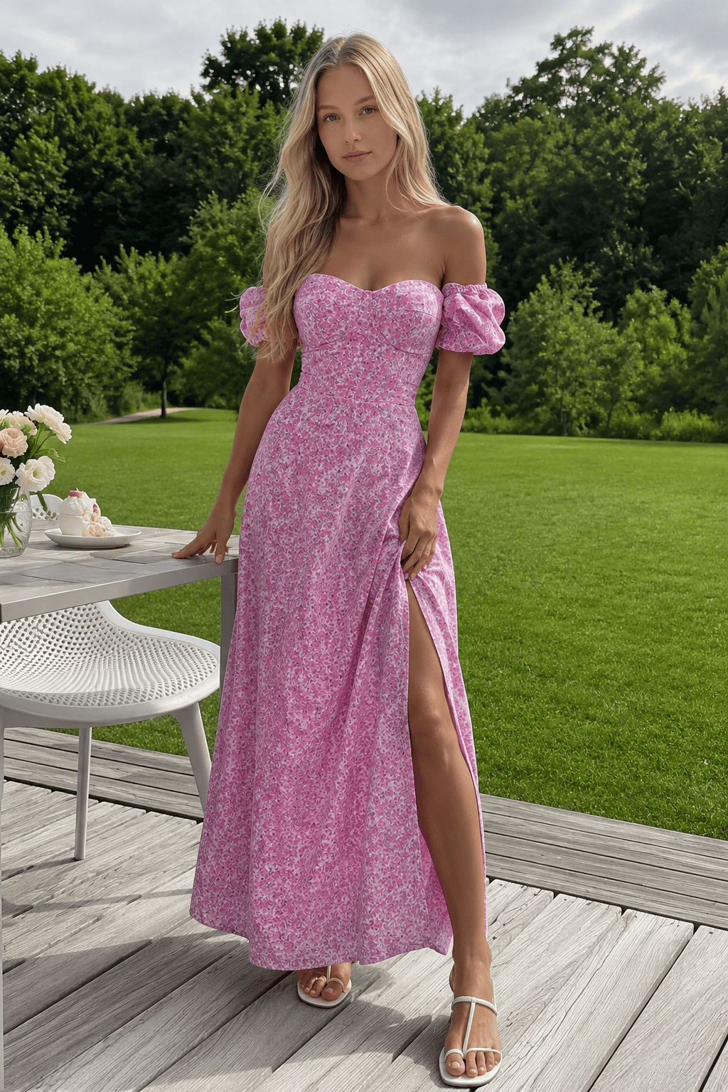 Floral Off Shoulder Sweetheart High Split Maxi Dress