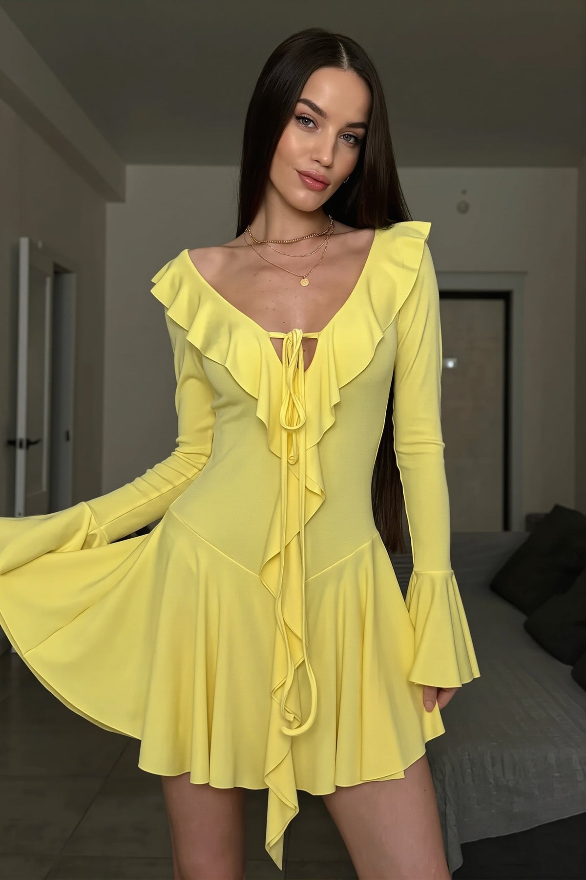 Ruffle Trim V-Neck Long Sleeve Flared Mini Dress