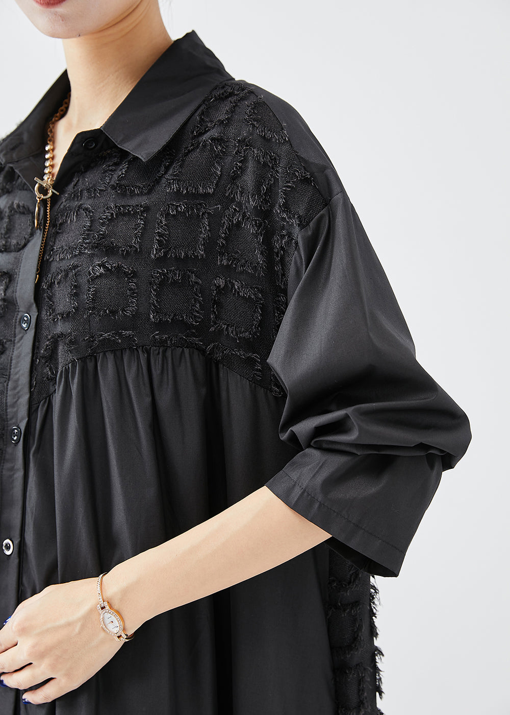 Oversized Button Front Collar Textured Grid Patchwork Midi Shirt Dress - View 5