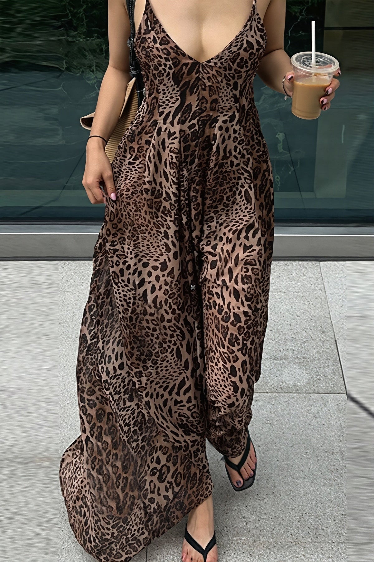 Leopard Print V-Neck Strappy Flowy Maxi Dress