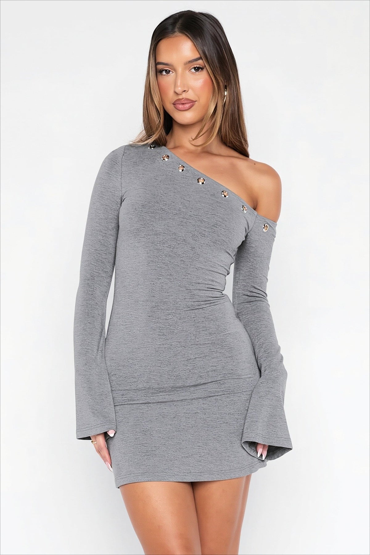 One Shoulder Long Sleeve Button Bodycon Mini Dress 3
