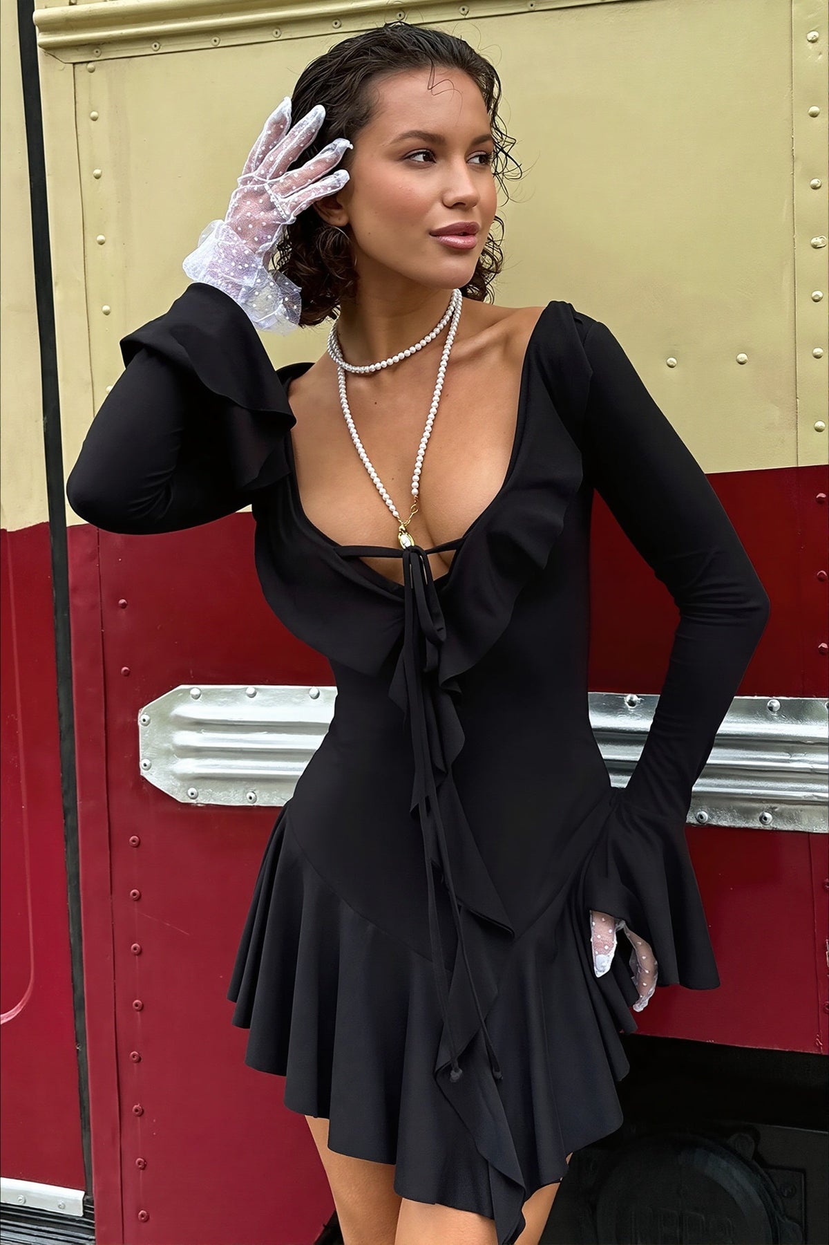 Ruffle Trim V-Neck Long Sleeve Flared Mini Dress