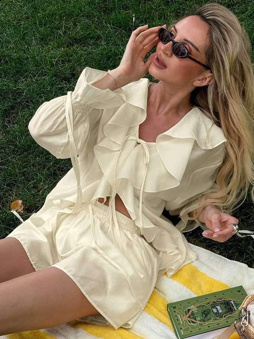 Ruffled Hem Tie Front Cardigan and Shorts Set for Style